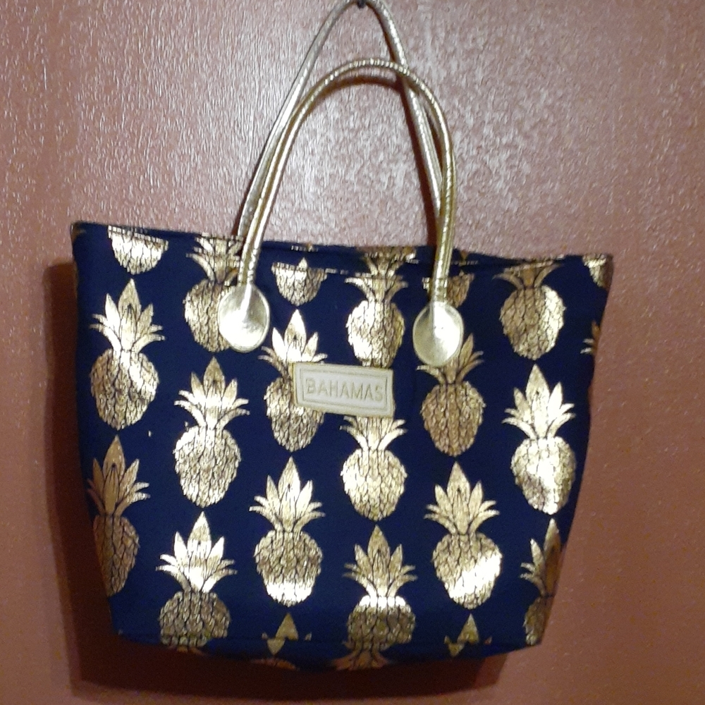 Bahamas Beach Bag Tote gold navy pineapples
